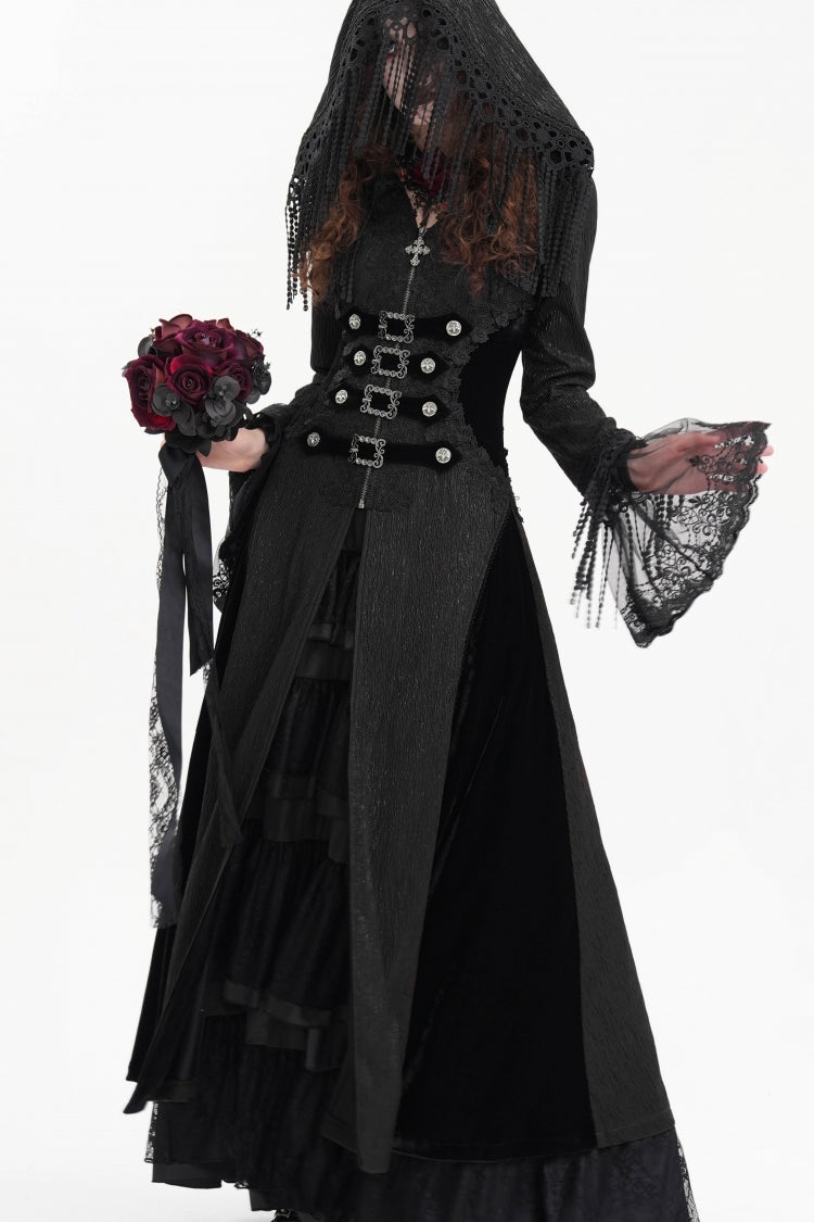 Black Buckle-up Tassels Hooded Women's Gothic Coat