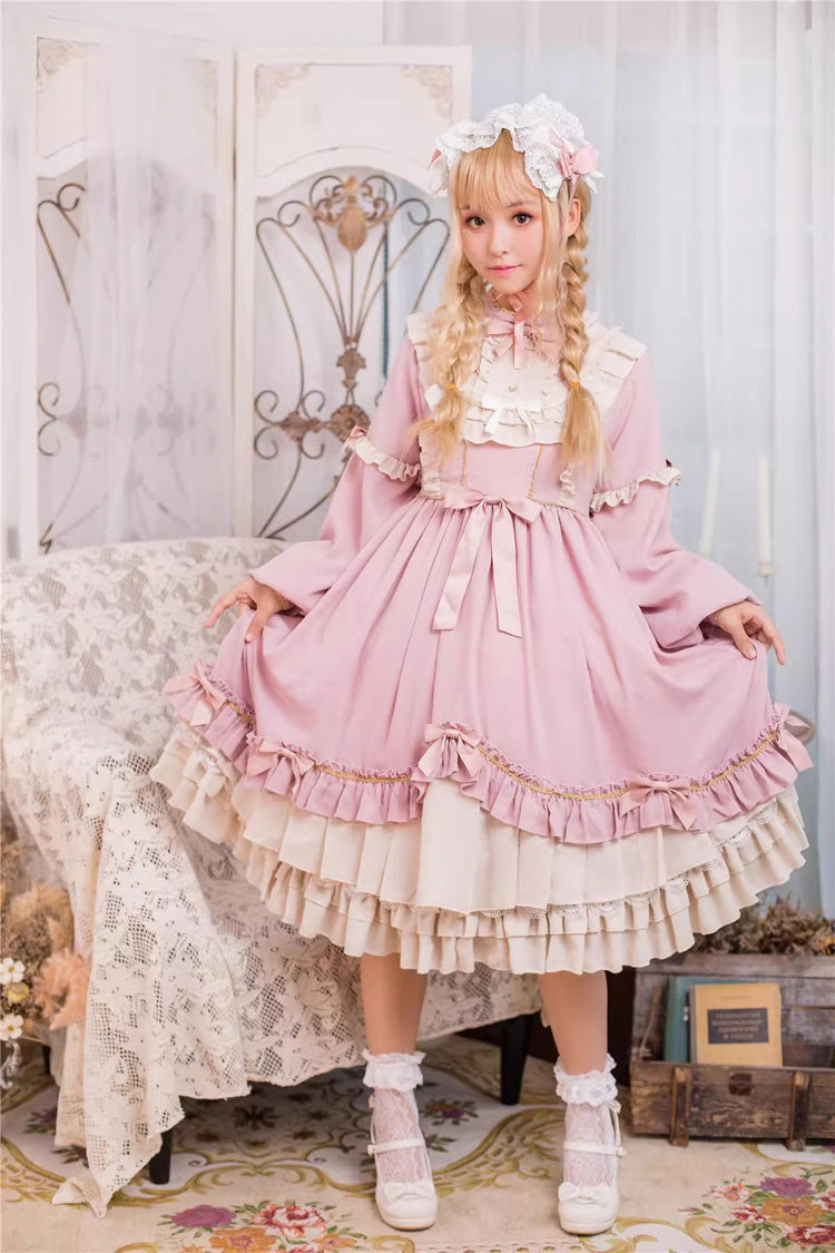 Pink Long Sleeves Ruffle Bowknot Daily Sweet Princess Lolita Dress