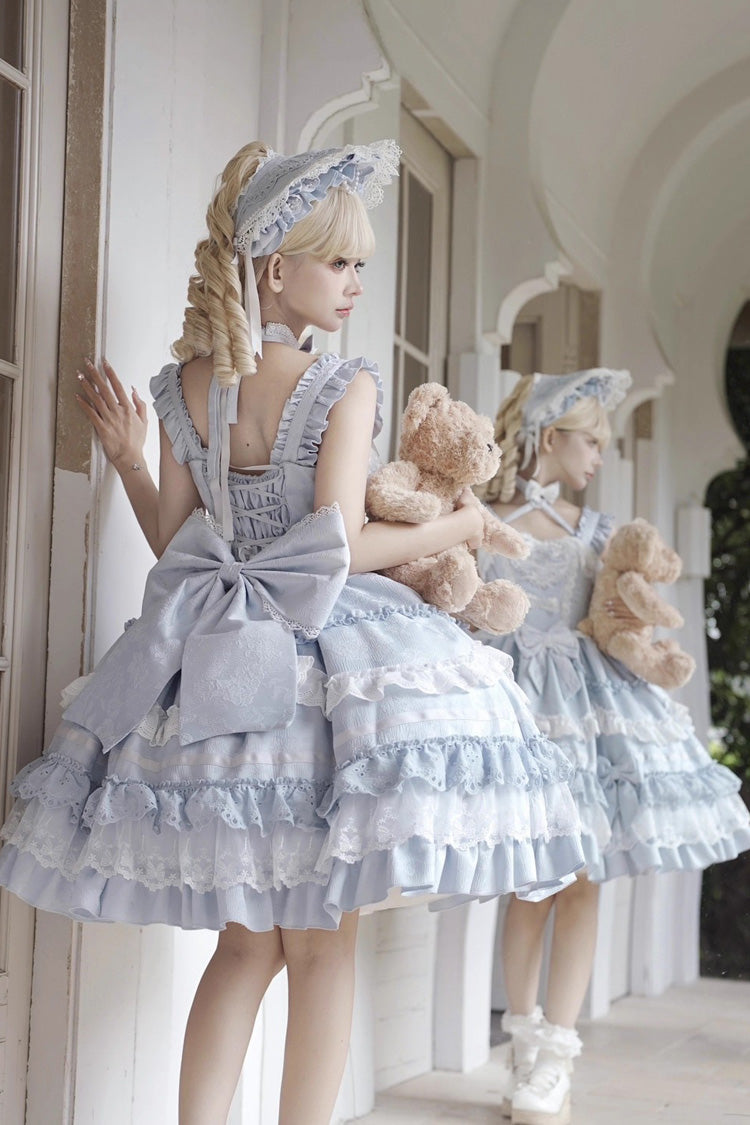 Robe Lolita Jsk bleue [Super Cute Belia] sans manches à trois volants superposés avec nœud en dentelle douce et élégante 