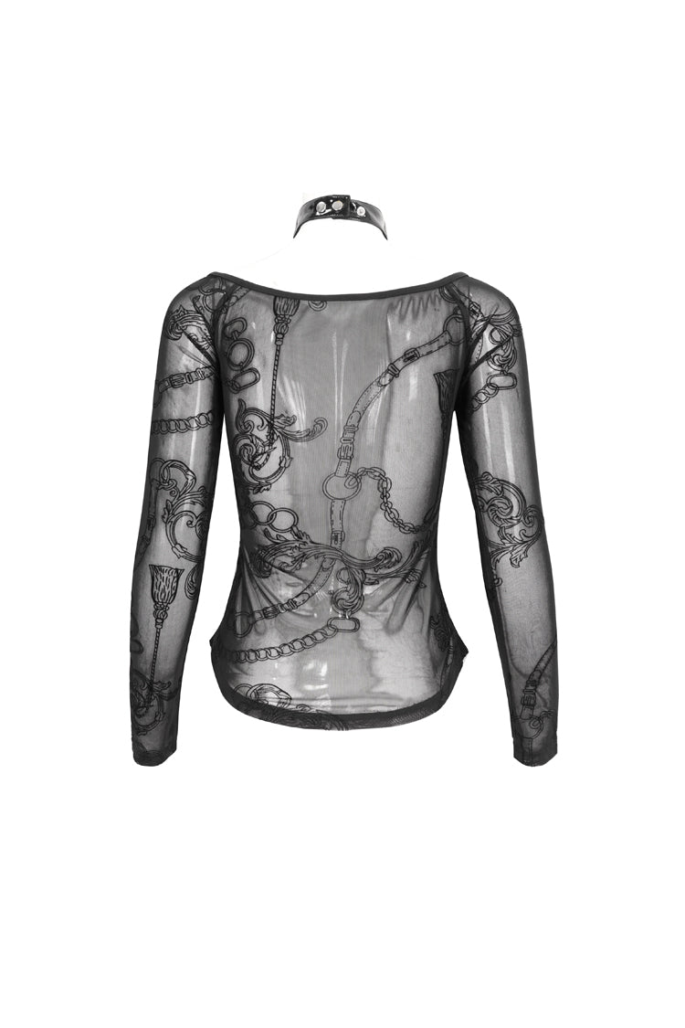 Schwarzes, schulterfreies Punk-T-Shirt für Damen mit Stretch-Stricknähten, beflocktem Aufdruck, Kragen und Bindeseil