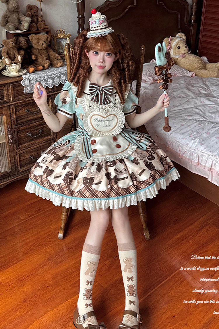 Brown [Peppermint Chocolate] Chocolate Cake Bear Print Ruffle Bowknot Lace-Up Sweet Lolita Dress