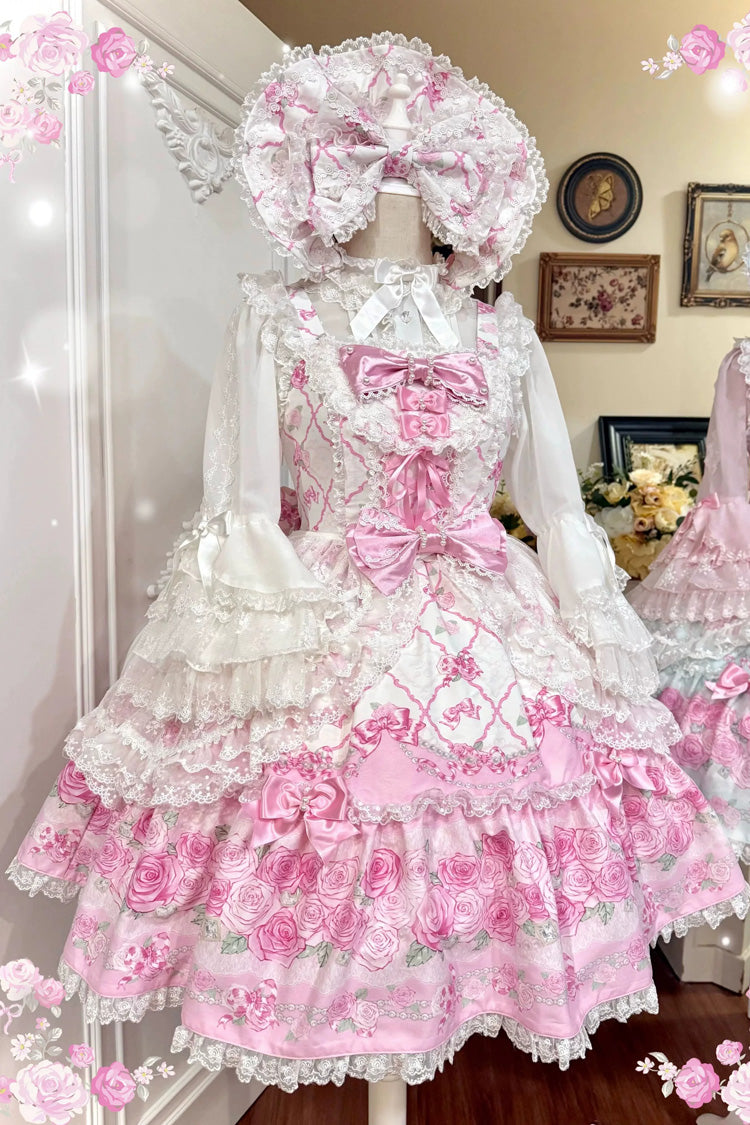 [Flower Wall] Square Collar Sleeveless Printed Bow Lace Sweet Lolita Jsk Dress 2 Colors (White/Pink, Pink/Green)