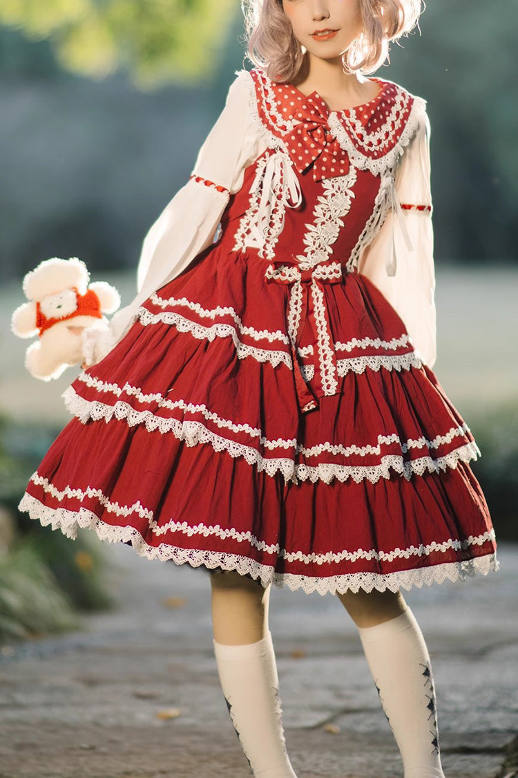 Red/White Three-section Cake Sleeveless Ribbon Sweet Lolita Tiered Dress