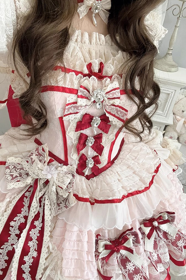 Pink [Moonstone] Sleeveless Ruffle Embroidery Bowknot Lace Fishbone Sweet Princess Lolita Dress