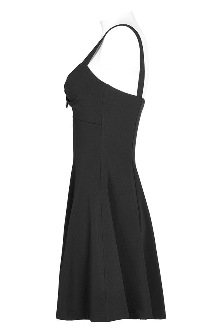 Black Suspender Hollow Mesh Metal PU Buckle Bow Design Sleeveless Women's Punk Dress