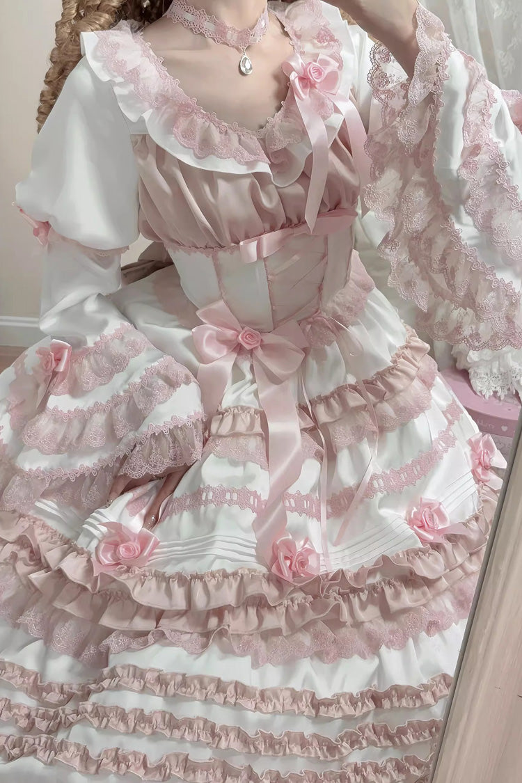 Robe Sweet Lolita en dentelle à nœud à volants à manches courtes [Glace à la pêche en couches] blanc/rose 