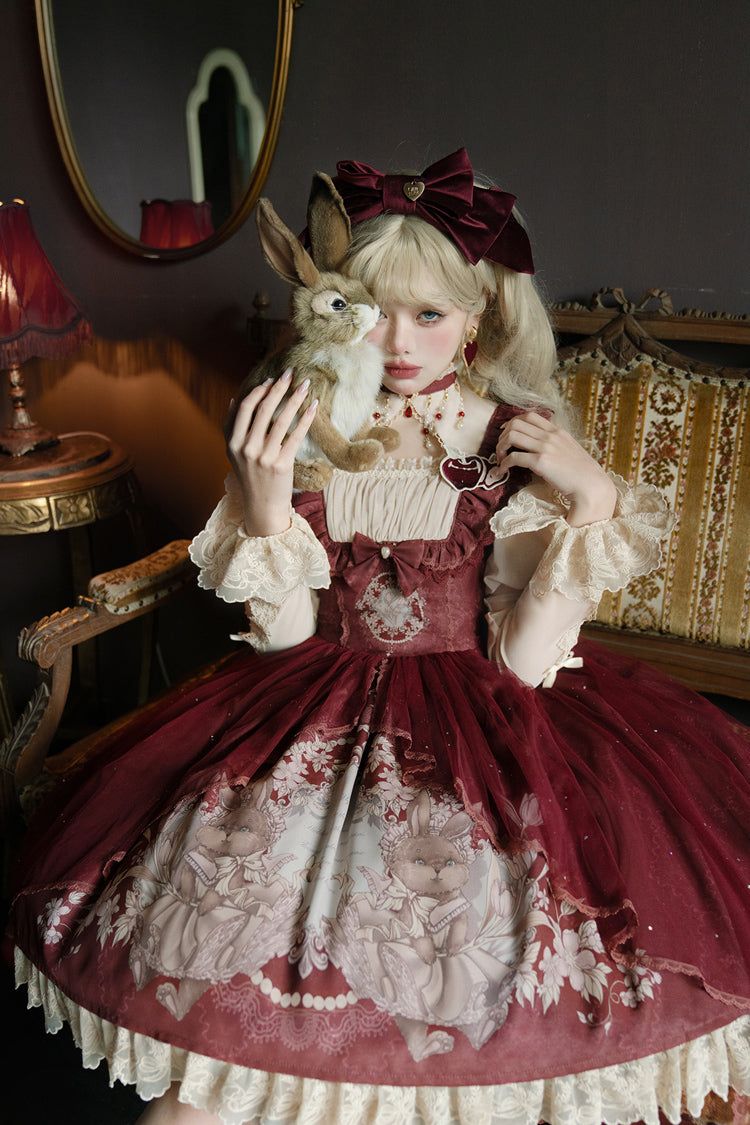 Red Bunny Tea Party Print Ruffle Bowknot Sweet Lolita Jsk Dress