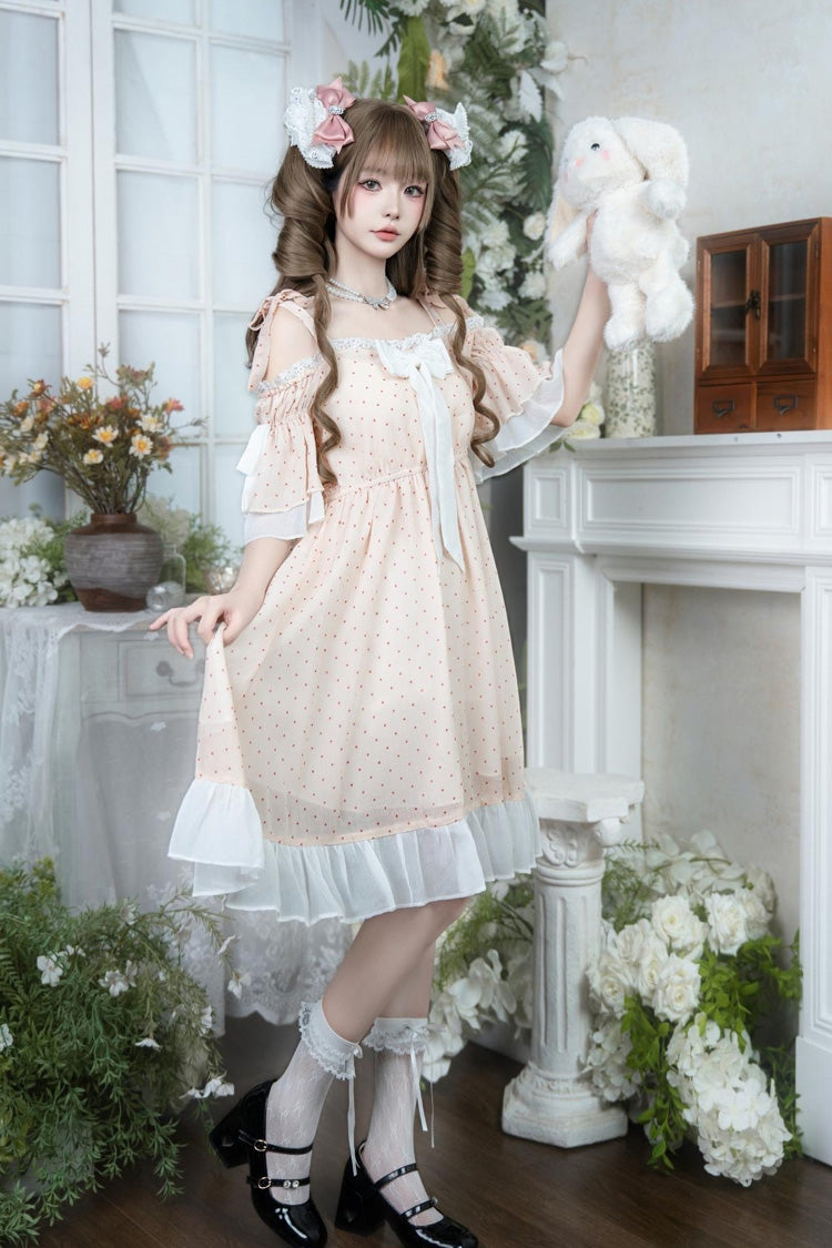 Robe Lolita rose, épaules dénudées, manches courtes, imprimé à pois, nœud à volants, dentelle, doux et élégant, palais