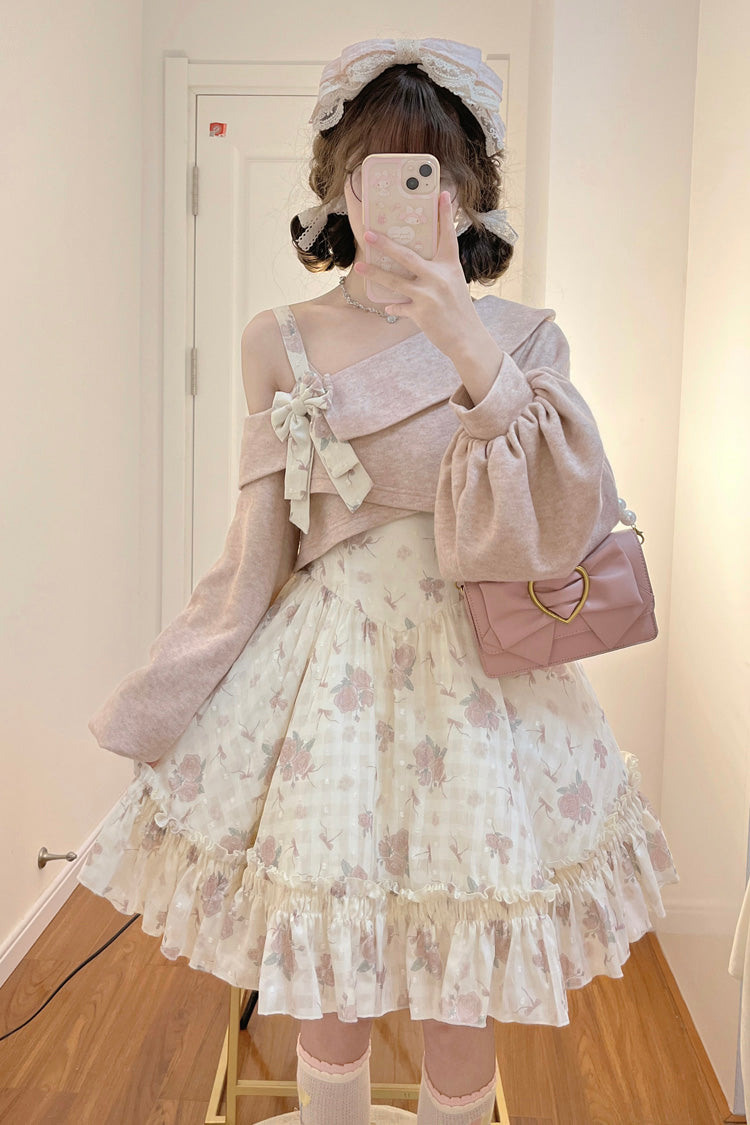 Rosa Lolita JSK Kleid Set mit schrägen Schultern, Rüschen, Schleife und Spitze
