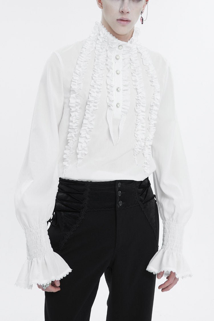 White Irregular Stand Collar Puff Sleeved Ruffled Men's Gothic Shirt