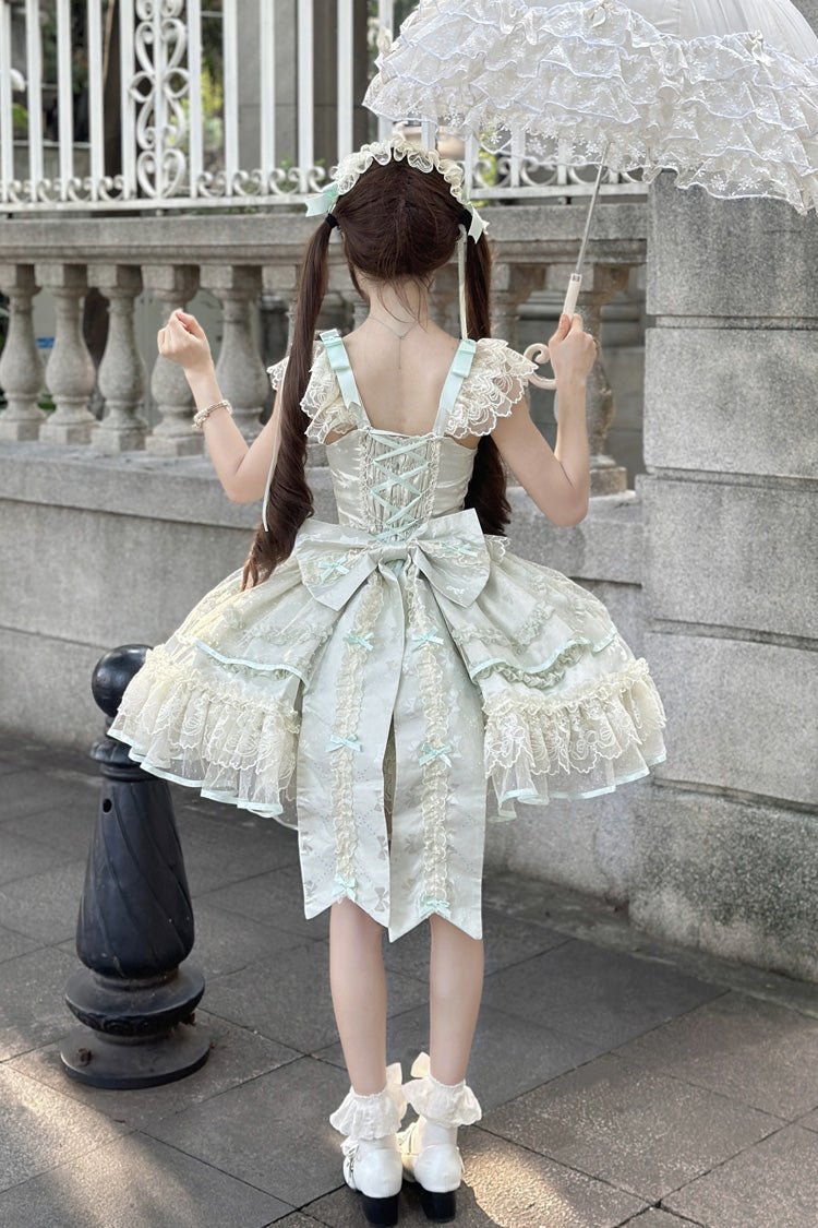Light Green [Dreaming Butterfly] Multi-Layered Jacquard Ruffle Bowknot Lace Sweet Princess Lolita Jsk Dress