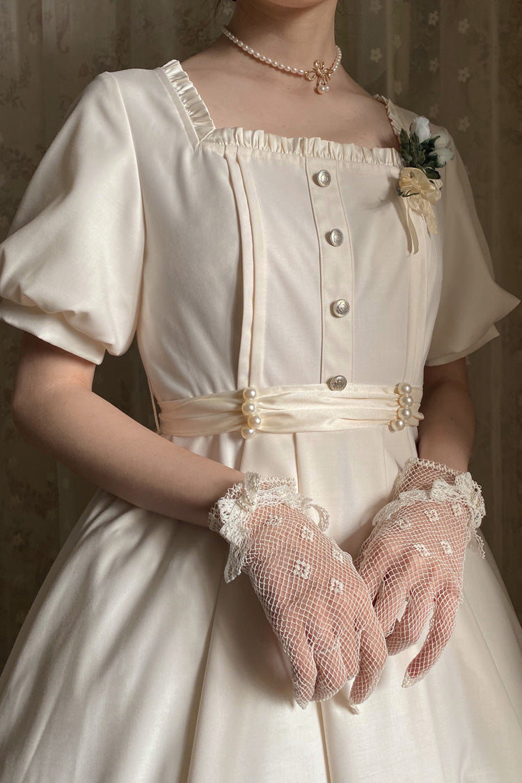 Apricot [Random Thoughts] Square Collar Short Sleeves Ruffle Classic Vintage Elegant Lolita Dress