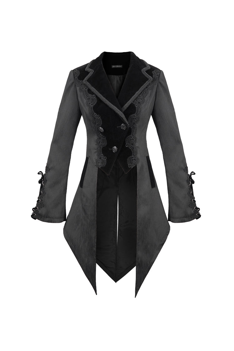 Black Front Decals Metal Button Lace-Up Cuff Dovetail Hem Striped Jacquard Women's Gothic Coat