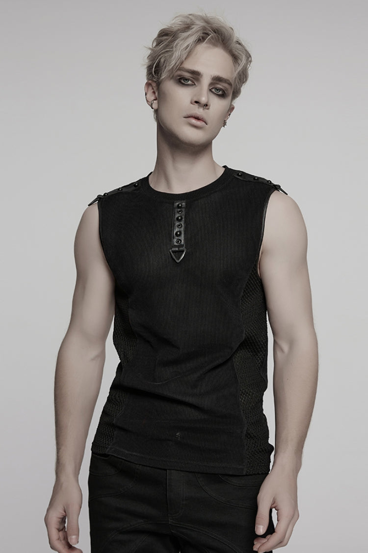 Gilet Punk pour Hommes avec Rivets, Col Rond Noir, Maille Transparente et Agencement de Couleurs 