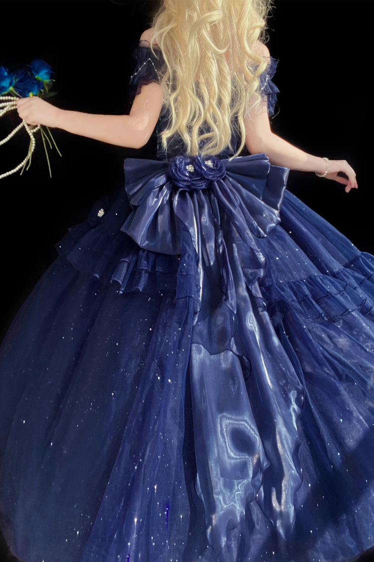 Blue [Bright Stars] Off Shoulder Ruffle Bowknot Asymmetric Sweet Elegant Princess Lolita Dress