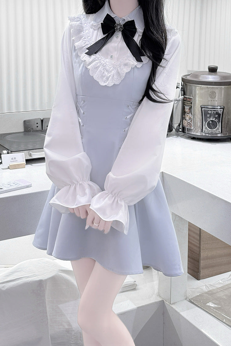 Light Blue [Qingshui Poetry] Long Sleeves Bowknot Lace-Up Sweet Jirai Kei Dress