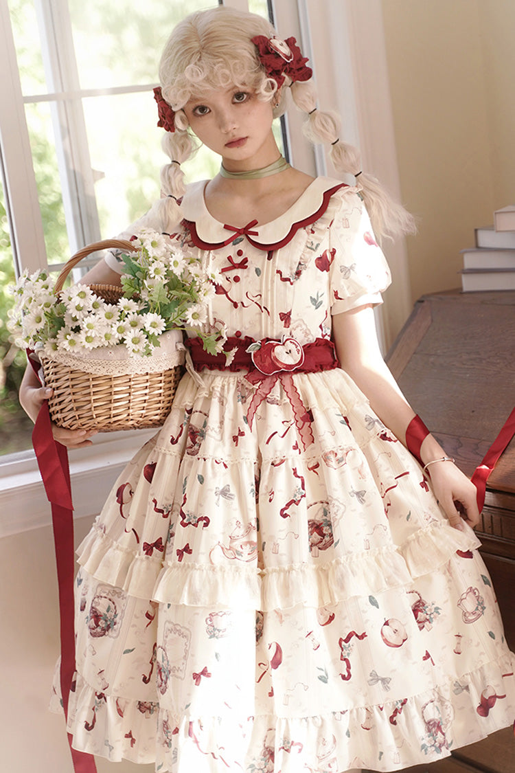 White Apple Tea Print Short Sleeves Country Style Ruffle Bowknot Sweet Lolita Dress