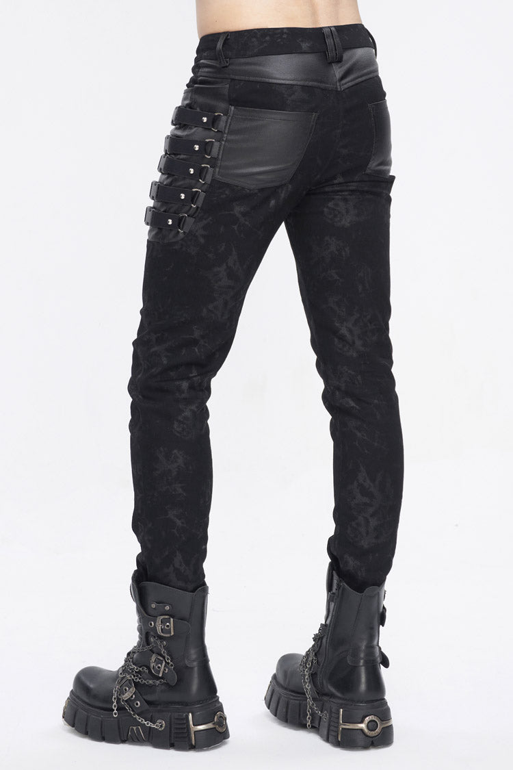 Black Multi Buckle Distressed  Print Men's Punk Pants