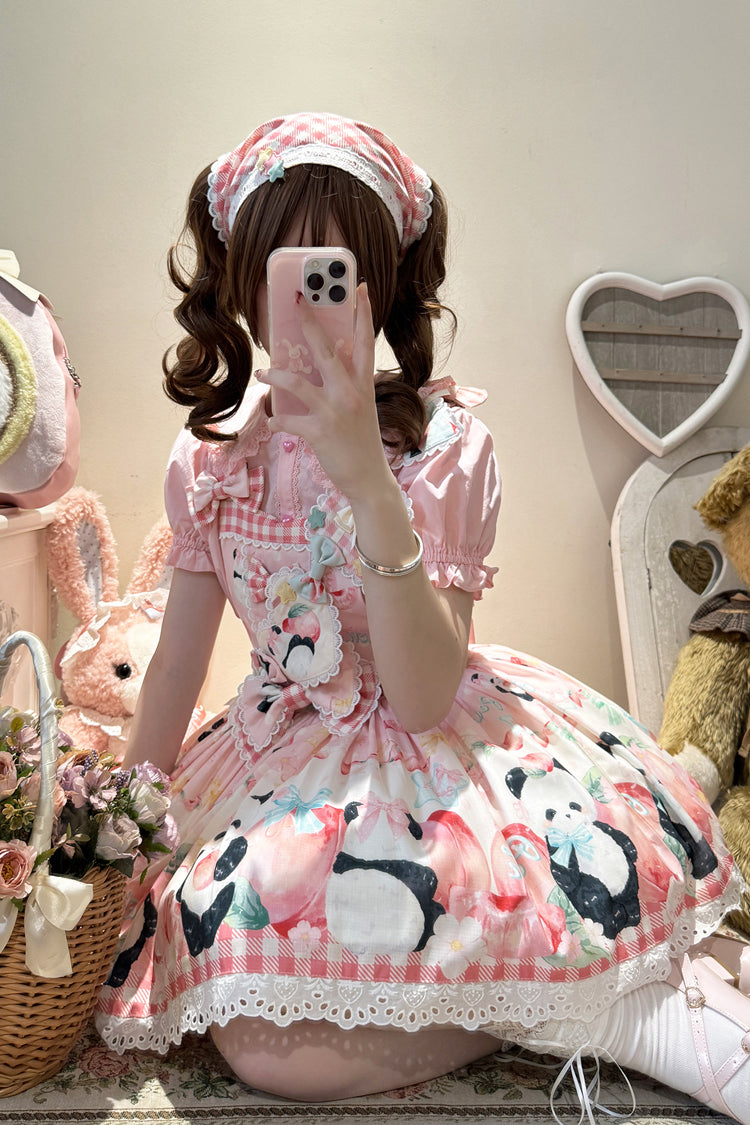 Panda Peach Print Bowknot Sweet Lolita Strap Dress 3 Colors