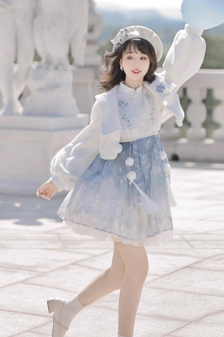 White/Blue Long Sleeves Print Ruffle Chinese Style Princess Sweet Lolita Jsk Dress Set