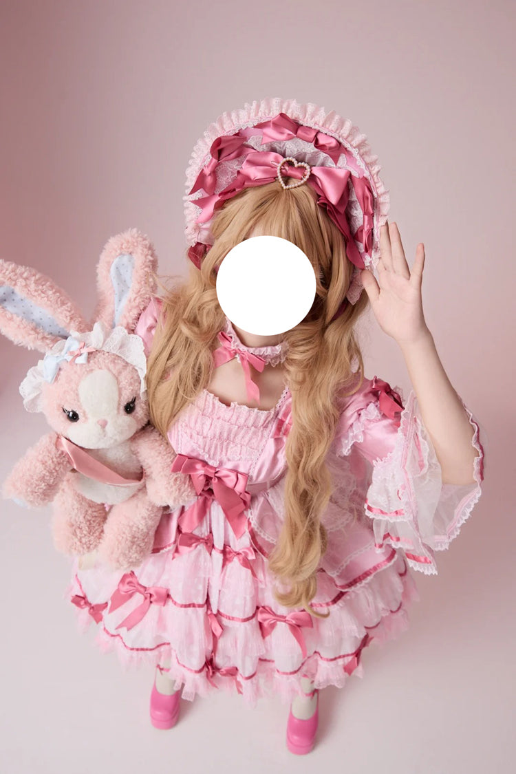 Pink [Velvet Cake] Long Trumpet Sleeves Multi-Layered Ruffle Bowknot Lace Sweet Lolita Dress