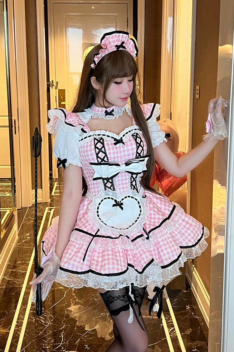 Robe Lolita rose à carreaux pour fille, col carré, manches courtes, Double couche, imprimé, nœud à volants, dentelle, demoiselle d'honneur