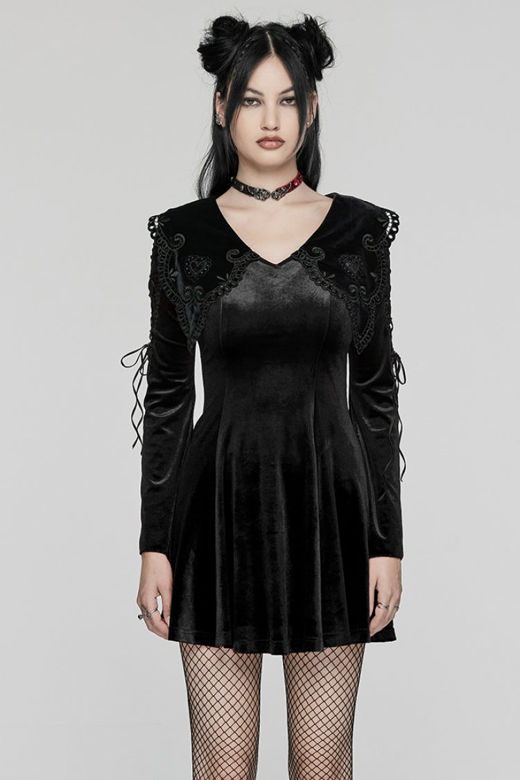 Black Doll Collar Long Sleeves Gradient Embroidery Women's Gothic Prom Dress