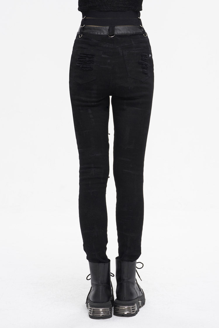 Black High Waisted Loophole Ripped Buckle Women's Punk Pants