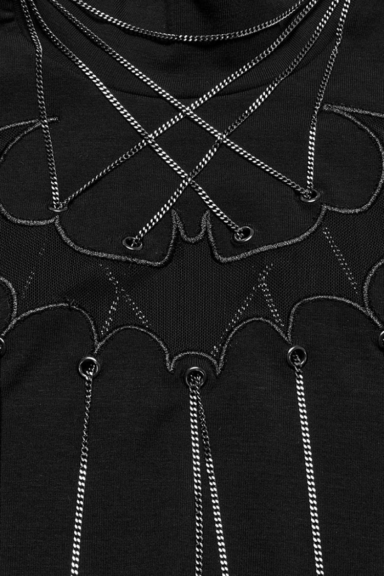 Black Stand Collar Long Sleeves Bat Stitching Mesh Chain Women's Gothic Blouse
