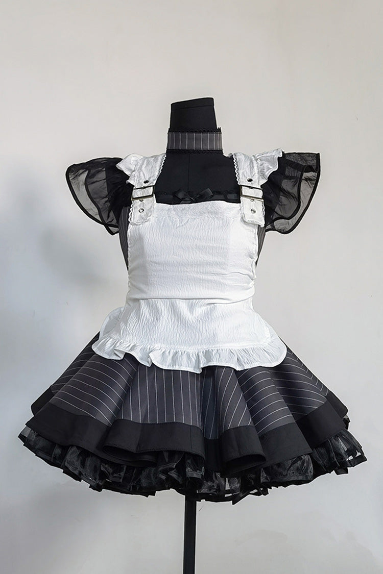 Grey Stripe Print Ruffle Bowknot Gothic Japanese Maid Lolita Dress