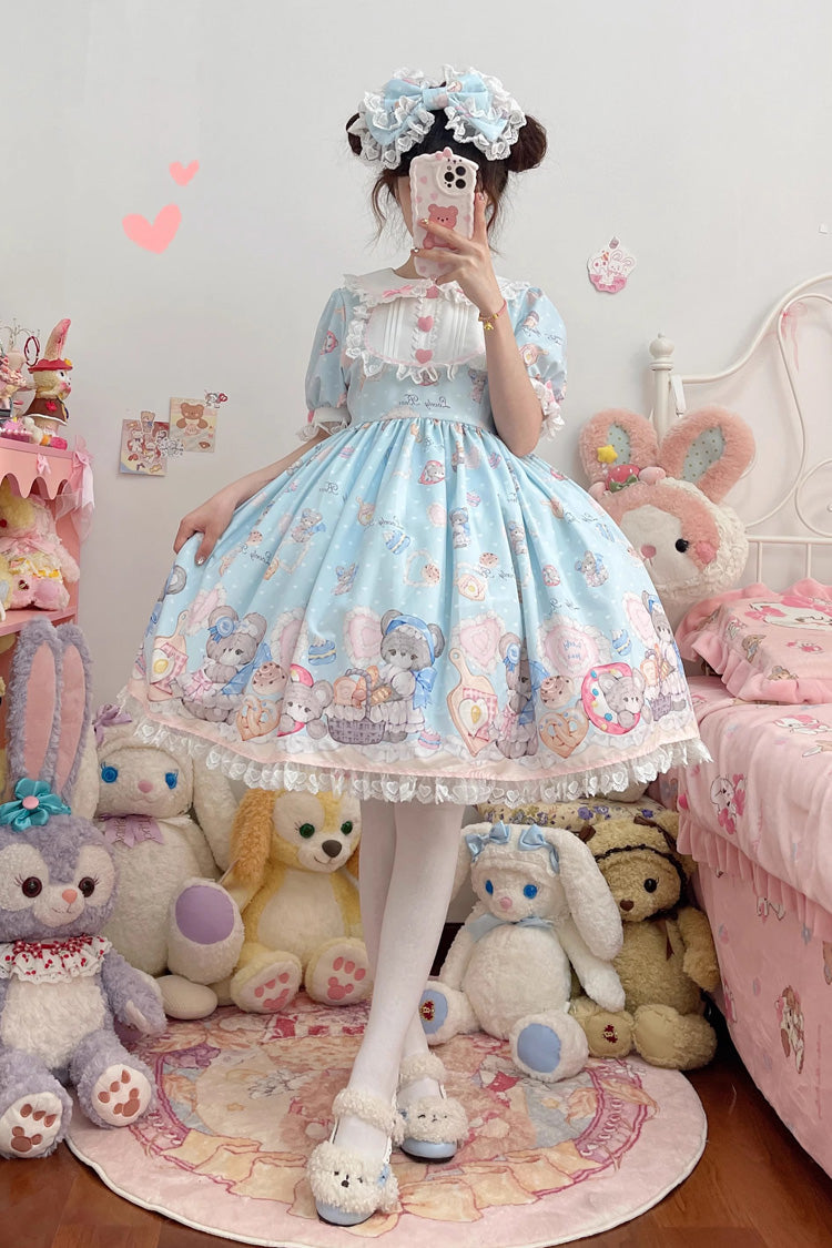 Blue Short Sleeves Baked Bear Print Ruffle Sweet Lolita Dress