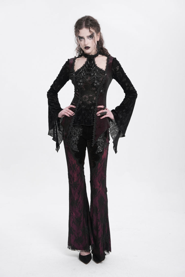 Red Long Trumpet Sleeves Jacquard Cutout Women's Gothic Blouse