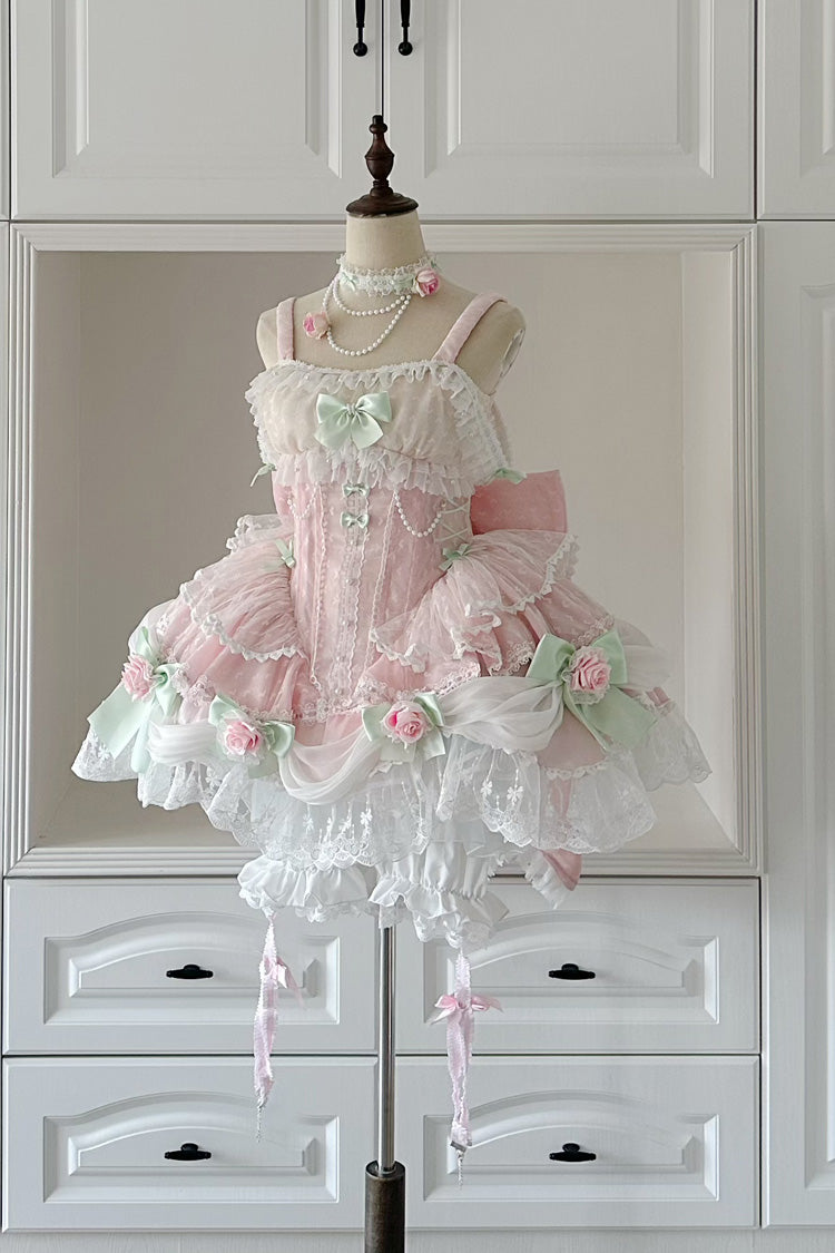 Pink [Honey Rose] Sleeveless Ruffle Embroidery Bowknot Lace Pearl Sweet Lolita Jsk Dress
