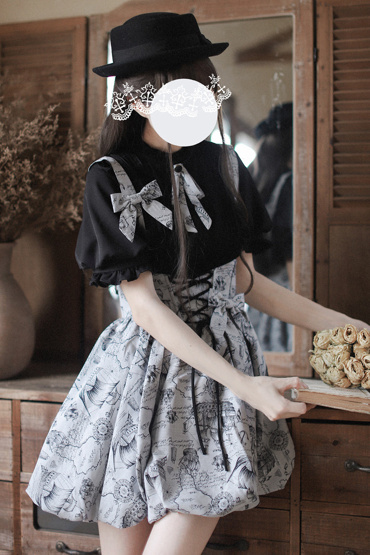 Grey [Elise] Print Bowknot Lace-Up Sweet Vintage Lolita Skirt