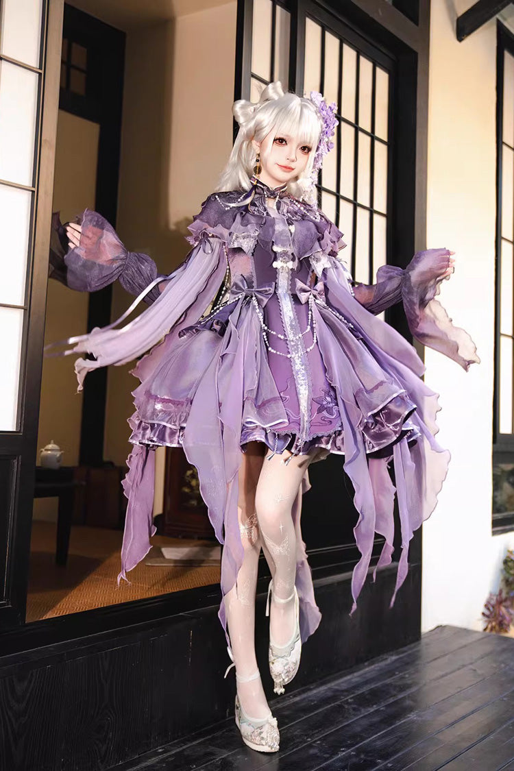 パープルスタンドカラー刺繍パール装飾ゴスロリJSKドレスセット