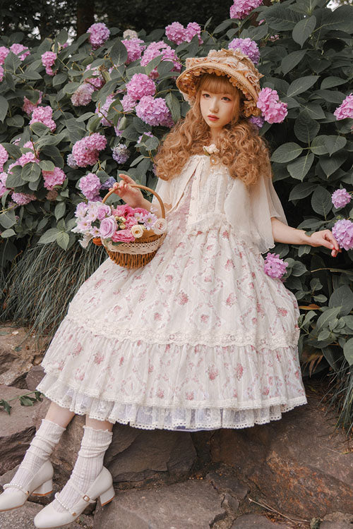 Pink Elegant Vintage Rose Print Multi-Layer Ruffled Sweet Lolita JSK Dress