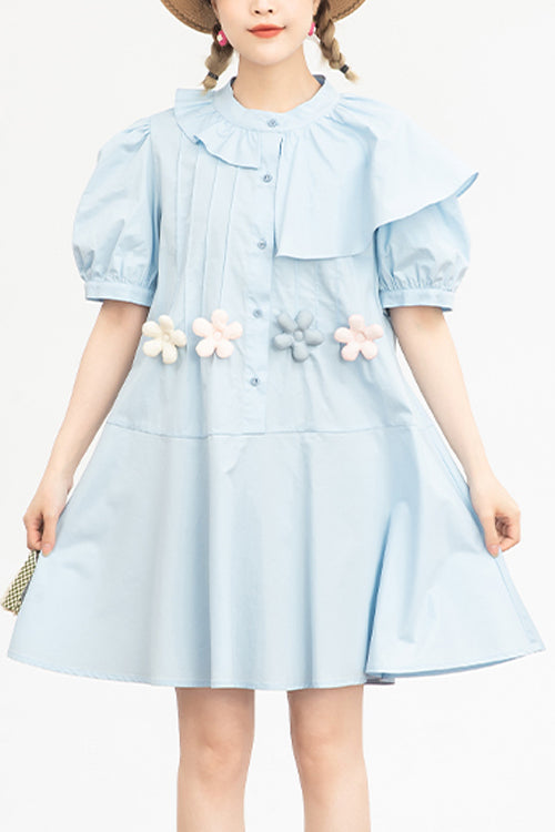 Blue Irregular Ruffled Round Collar Bubble Short Sleeves Waist With Flower Accessories High Waisted Sweet Lolita Dress