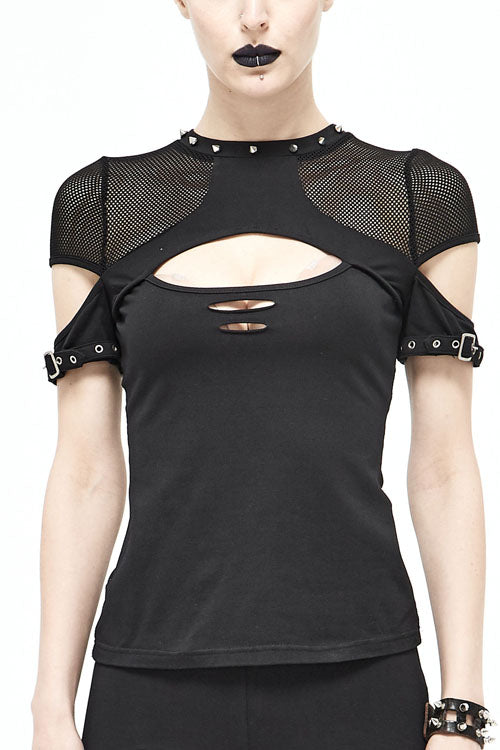 Black Sexy Short Sleeves Rock Mesh Stretchy Women Punk T-Shirt
