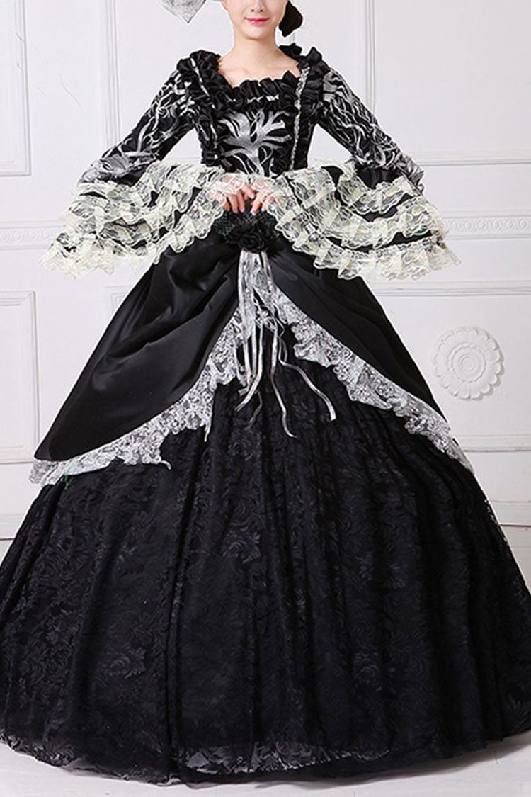 Black Multi-Layer Lace Stitching Trumpet Sleeves High Waisted Hollow Floral Embroidery Victorian Lolita Prom Dress