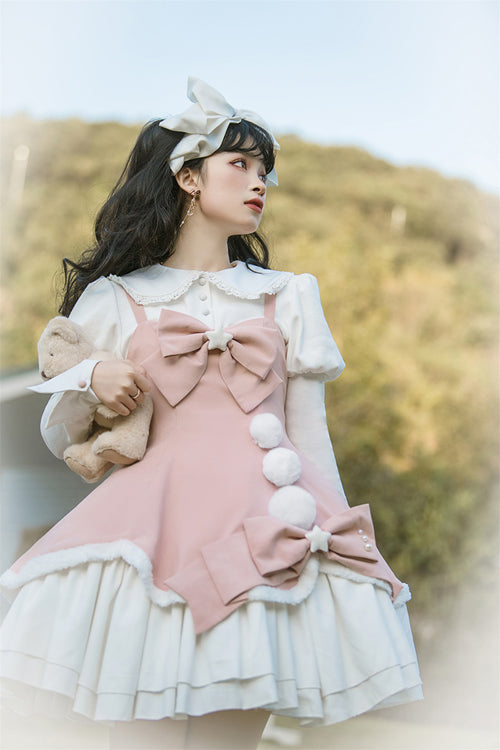 Cute Girl Doll Collar Hair Ball Christmas Princess Sweet Lolita JSK Dress Full Set