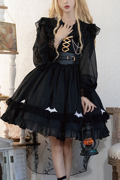 Black Round Collar Ruffled Lantern Sleeves High Waisted Trainee Witch Sweet Lolita Dress