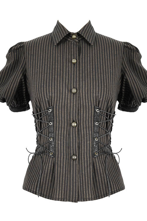 Brown Bubble Short Sleeves Striped Slim Womens Punk Blouse
