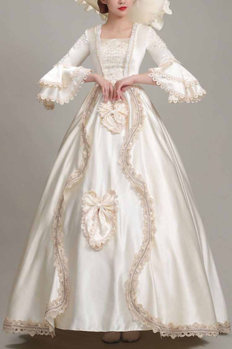 Champagne Multi-Layer Half Trumpet Sleeves High Waisted Bowknot Embroidery Floral Print Victorian Lolita Dress