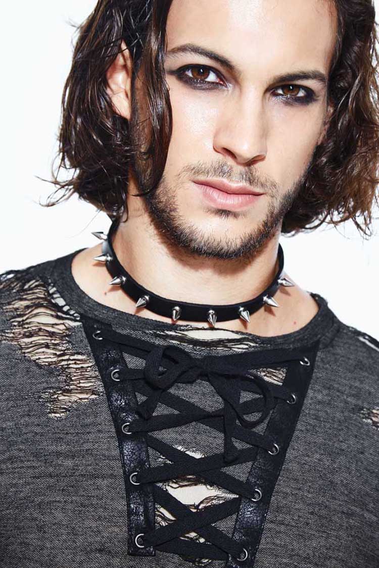 Black Long Sleeves Broken Holes Chest Lace Up Loop Cuff Men's Punk Shirt