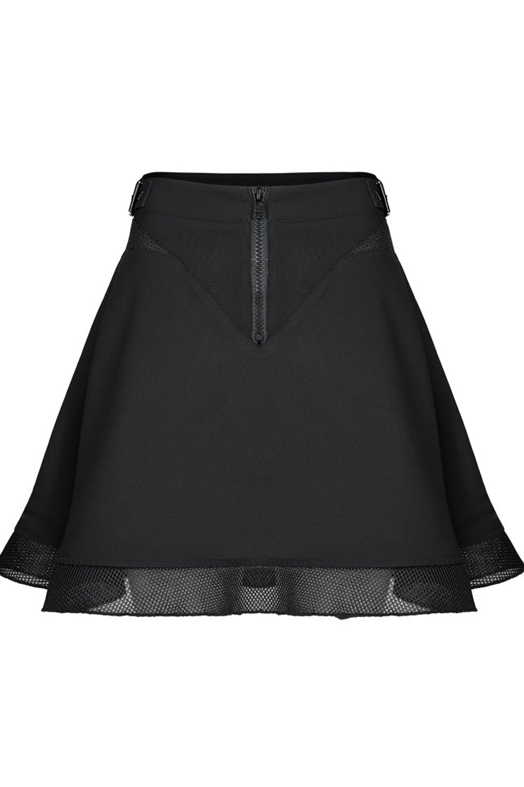 Black Chiffon Plaid Large-Hole Mesh Stitching V-Word Segmentation Design Sun-Hem Women's Punk Skirt