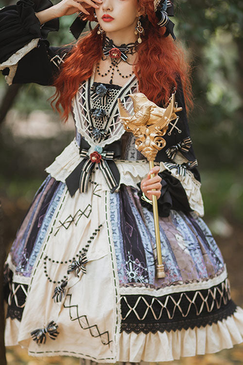 Multi-Color Finches In The Mirror Print Cardigan Long Sleeves Princess Ruffled Classic Lolita OP Dress
