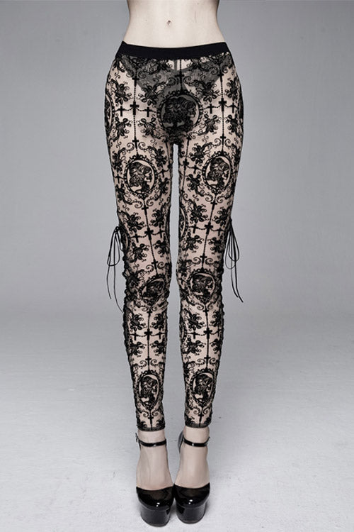Braune Leggings mit Beflockungsdruck und seitlicher Schnürung aus Netzstoff für Damen