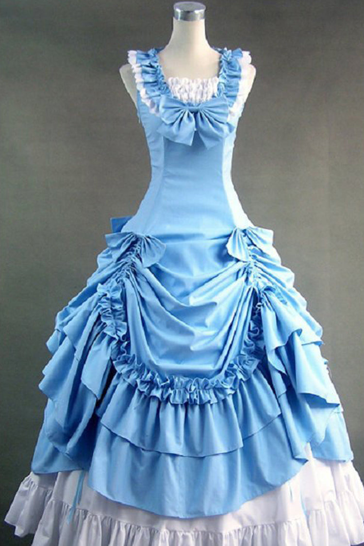 Blue Cotton Square Collar Sleeveless Floor Length Pleats Classic Lolita Dress