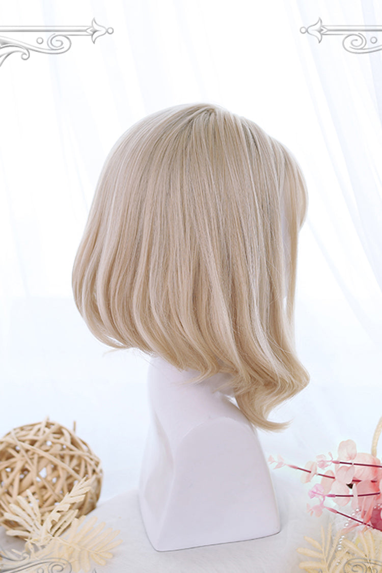 Gelbe, leicht gelockte, süße Lolita-Perücken mit kurzen Haaren
