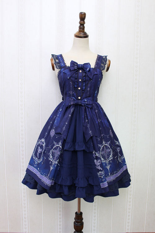 Angel Cross Print Lace Bowknot Cardigan Ruffled Sweet Lolita JSK Dress